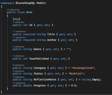 Declares the Book C# POCO with a primary key