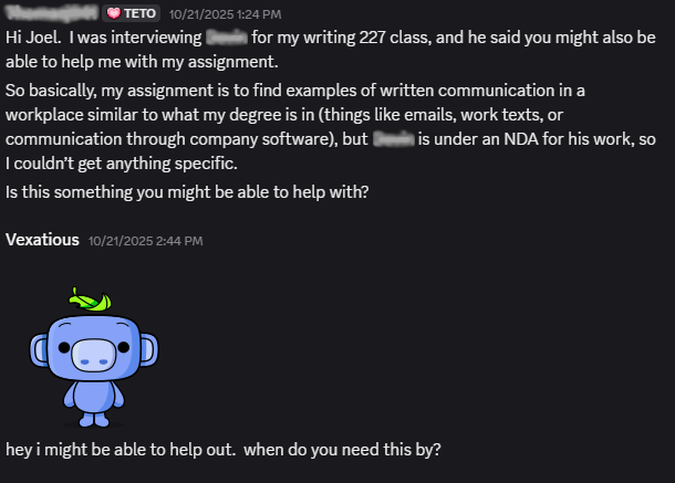 Redacted Discord message requesting workplace writing examples; my reply offering help and asking for the deadline.