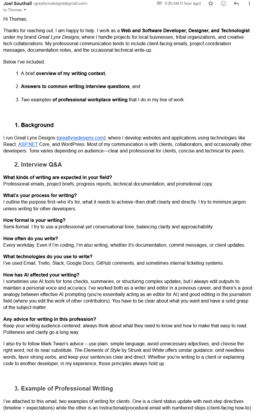 WR227 mentorship email demonstrating professional tone, structure, and attached writing samples