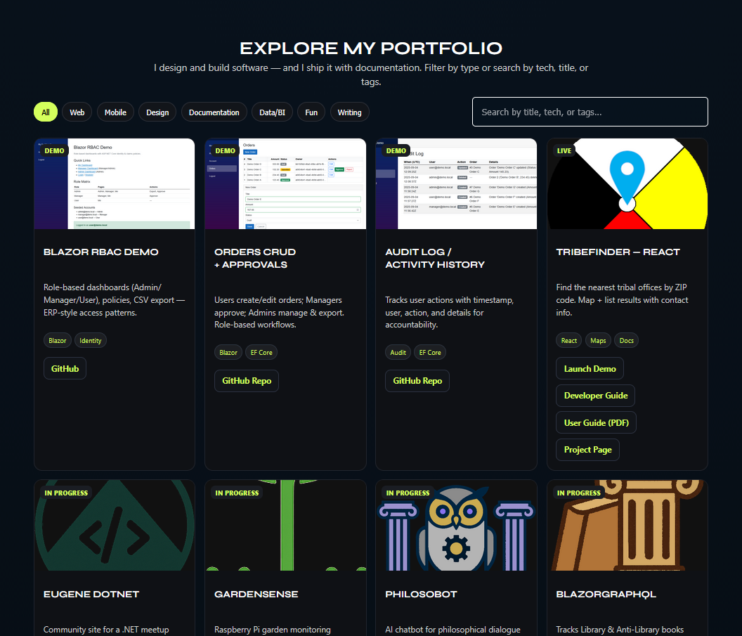Portfolio grid showing filters, search, and multiple project cards
