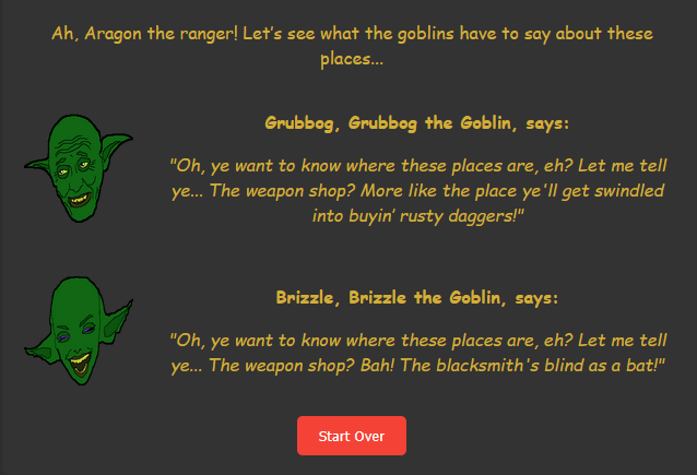 Goblin Jeer Generator showing location-based responses