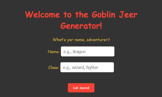 Goblin Jeer Generator opening screen asking for player name and class