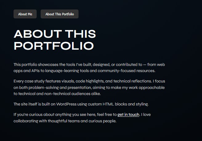 About Me section with profile image and biography