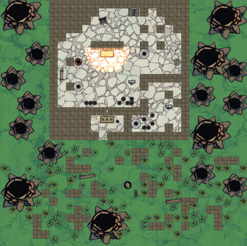 Full Foundry VTT encounter scene showing the forest approach, ruined shrine exterior, and hidden interior chamber of the Shrine of Karguk.