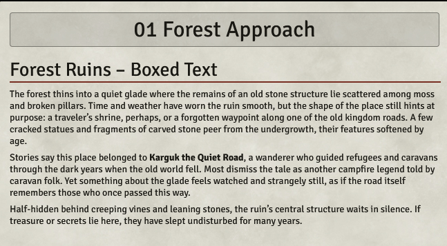 Journal entry in Foundry titled Forest Approach containing boxed text describing the ruined forest shrine of Karguk.