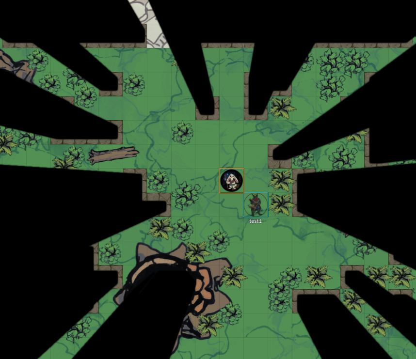 Top-down Foundry view of the forest clearing outside the Shrine of Karguk before the encounter begins.