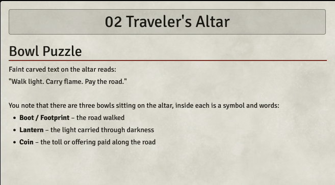 Journal entry in Foundry titled Traveler's Altar describing the three bowl puzzle at the shrine entrance.