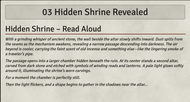 Foundry journal entry titled Hidden Shrine Revealed containing boxed text for the opening of the inner sanctum.