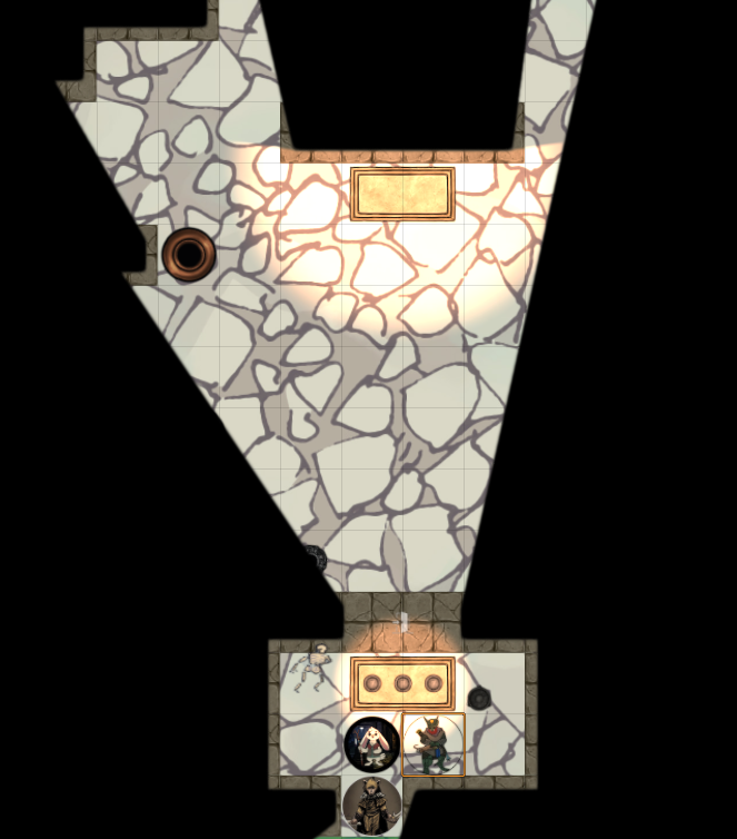 Foundry scene showing the traveler's altar room with the hidden passage beyond the false wall now open.