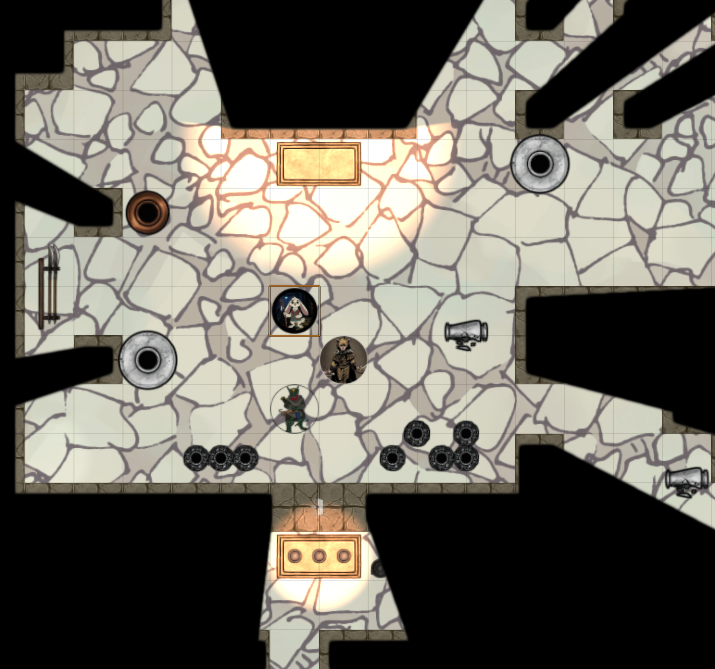 Interior of the hidden shrine showing the glowing inner altar and ritual chamber in Foundry VTT.