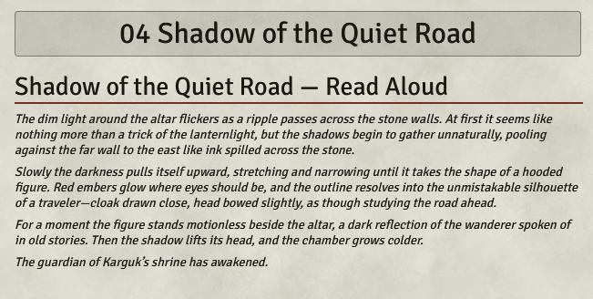 Foundry journal entry titled Shadow of the Quiet Road describing the guardian of Karguk's shrine.