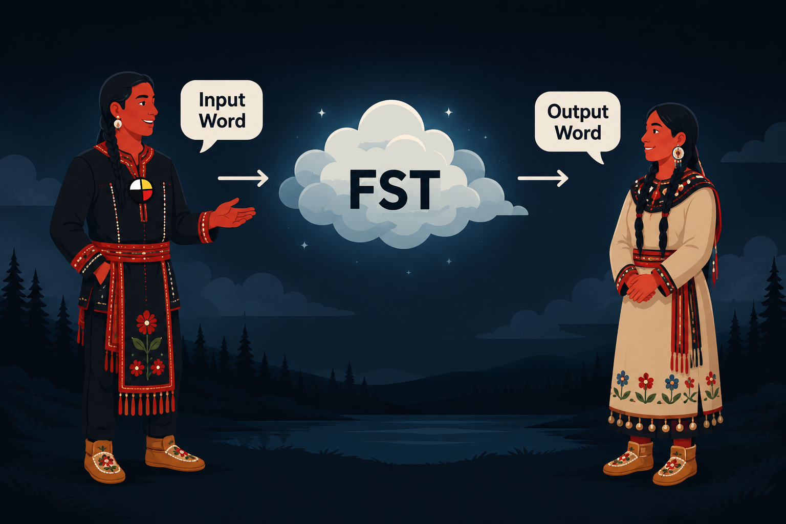 An Indigenous speaker provides an input word, which passes through a Finite State Transducer (FST) and becomes an output word.