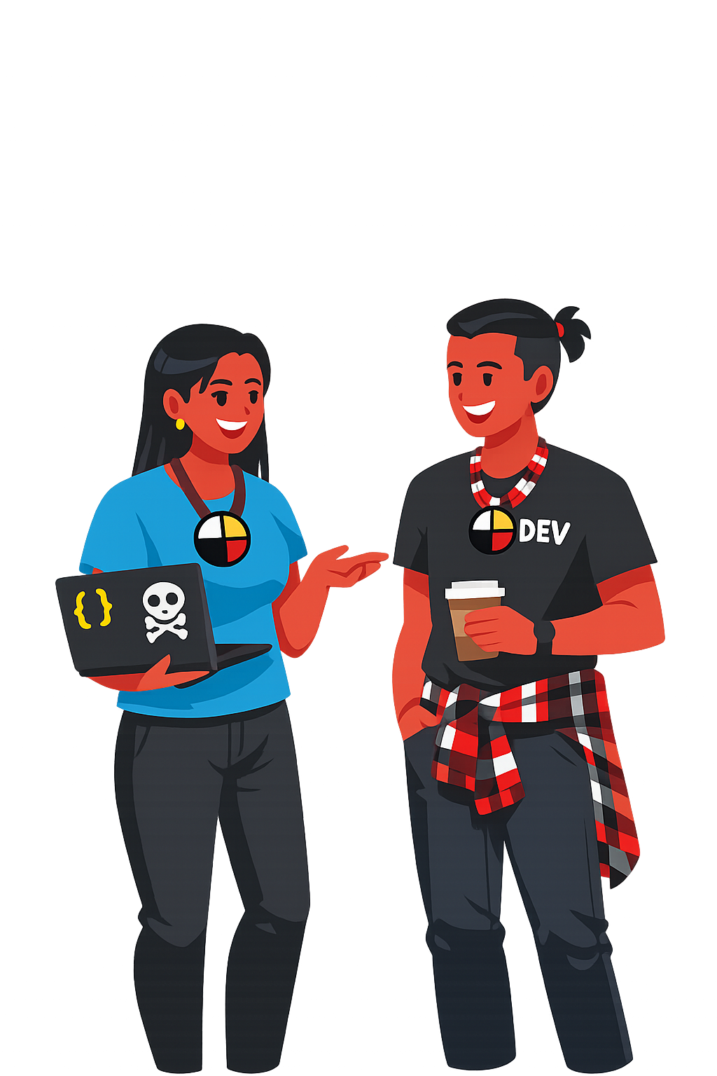 Two Indigenous software developers discussing technology and computational linguistics.